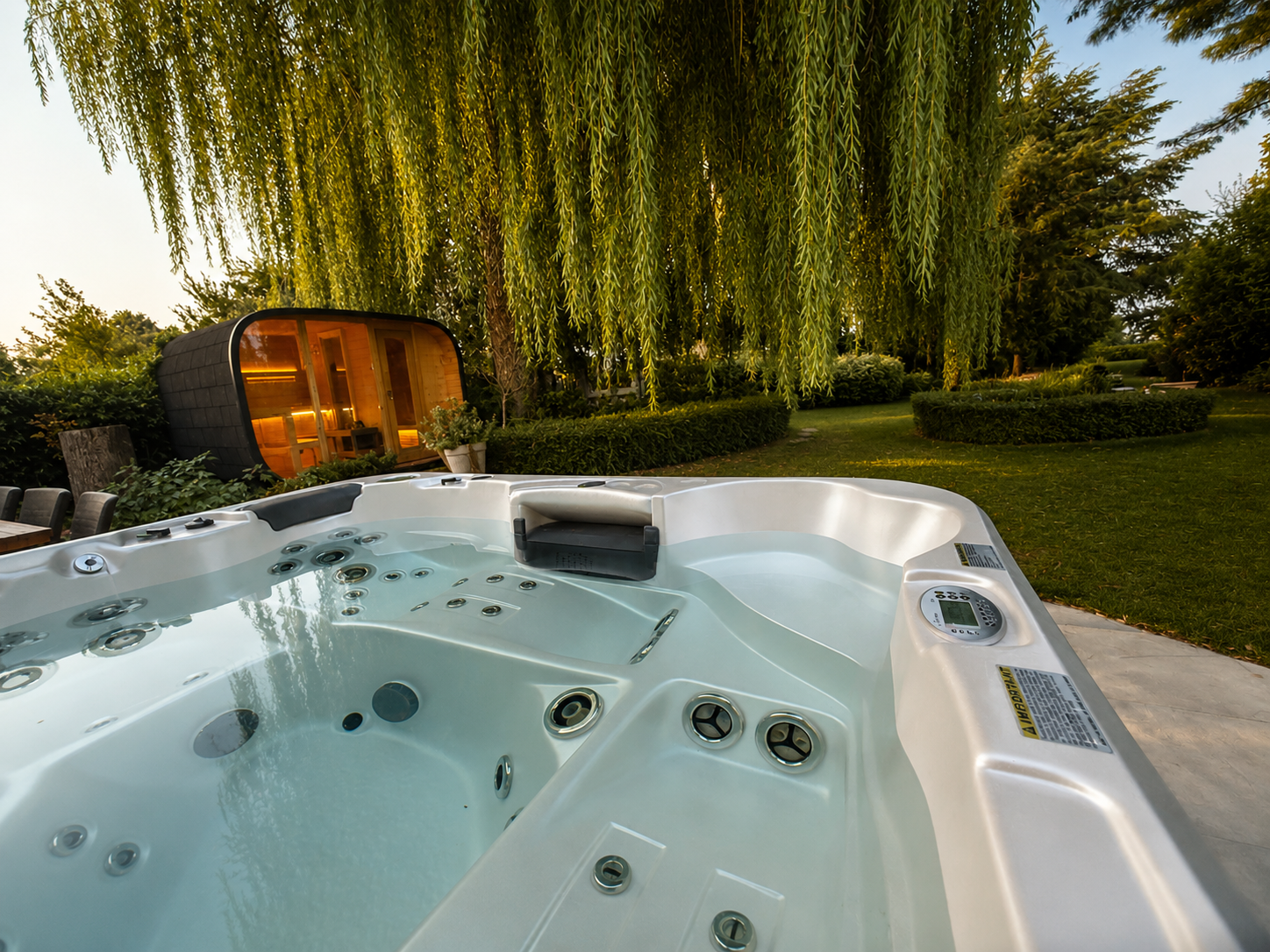 Jacuzzi en buitensauna in de tuin van Badhuis 22